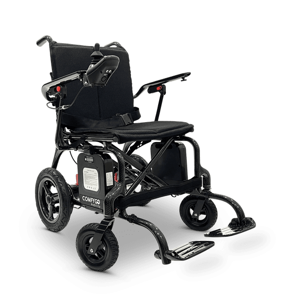 A modern electric wheelchair with padded seating and footrests.