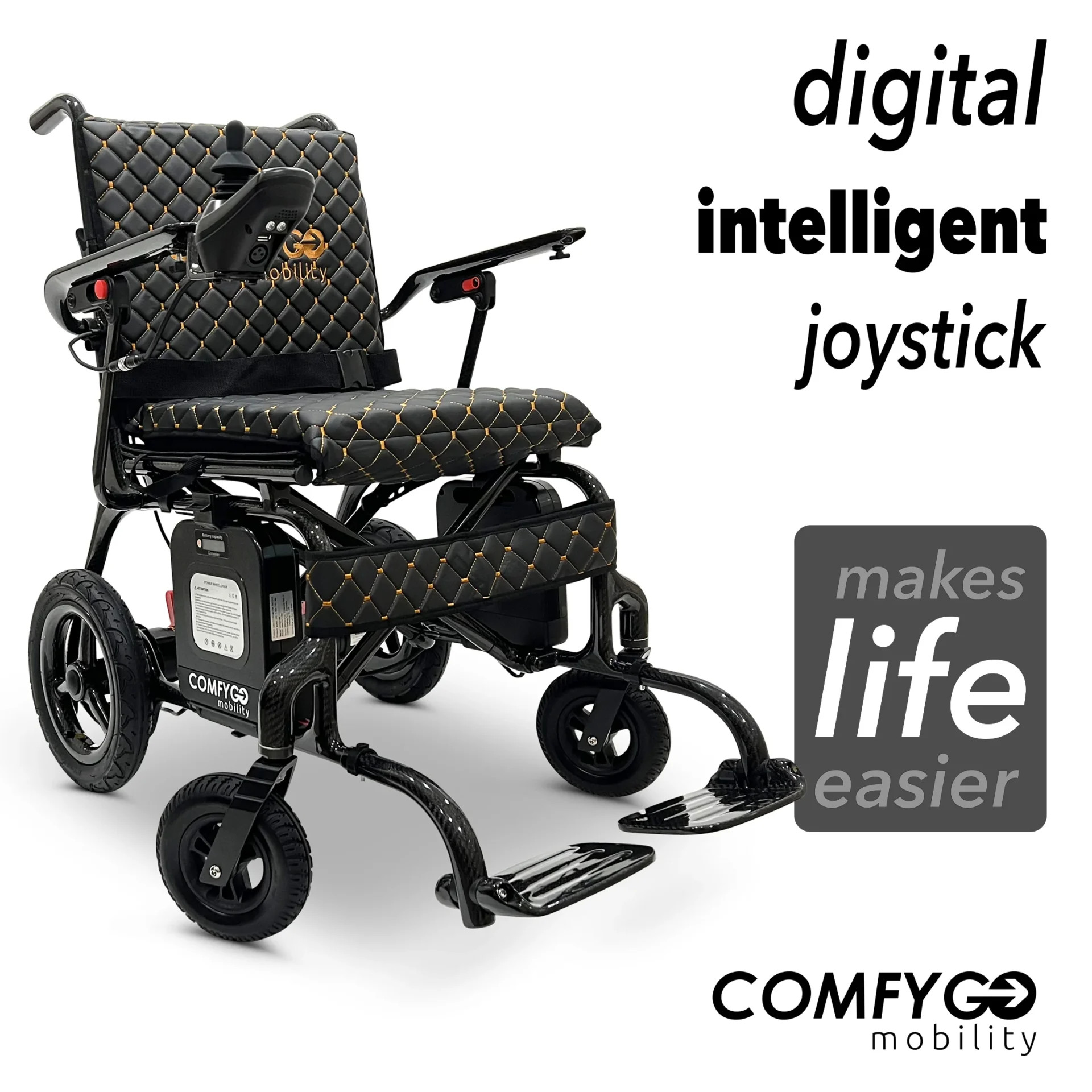 Modern electric wheelchair with intelligent joystick control.