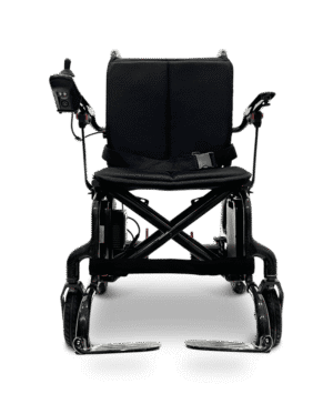 Black foldable wheelchair with padded seat and armrests.