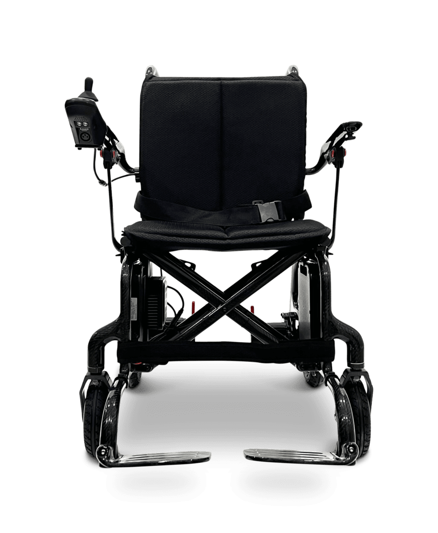 Black foldable wheelchair with padded seat and armrests.