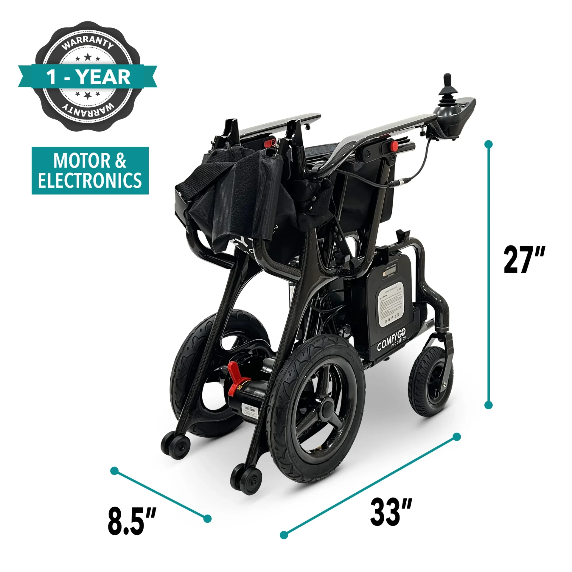 Compact foldable walker with wheels, measuring 33" by 27".