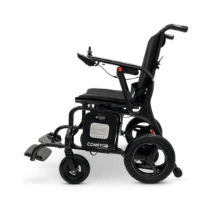 A modern electric wheelchair with rugged wheels and adjustable seating.