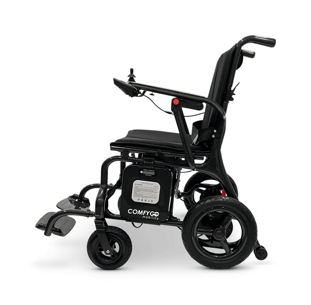 A modern electric wheelchair with rugged wheels and adjustable seating.