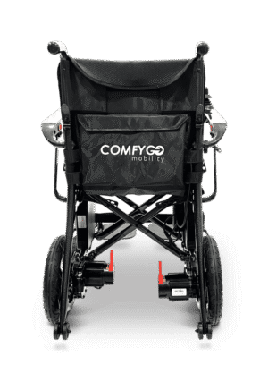 Black ComfyGo folding wheelchair with sturdy wheels.