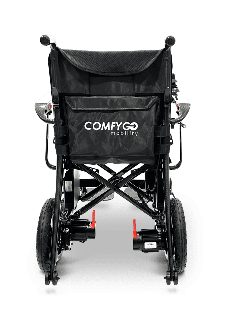 Black ComfyGo folding wheelchair with sturdy wheels.