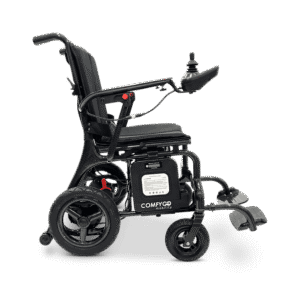 Advanced electric wheelchair with sturdy wheels and joystick control.