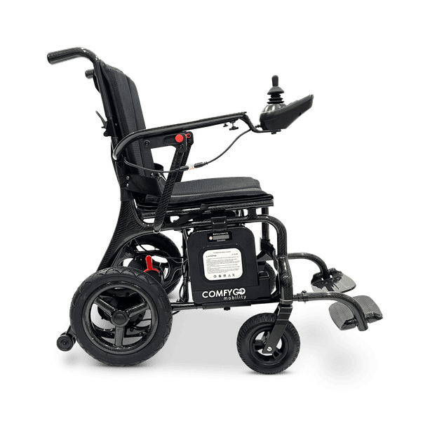 Advanced electric wheelchair with sturdy wheels and joystick control.