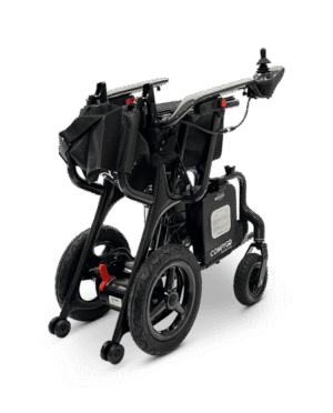 Folded black electric mobility scooter with large wheels and handlebar.