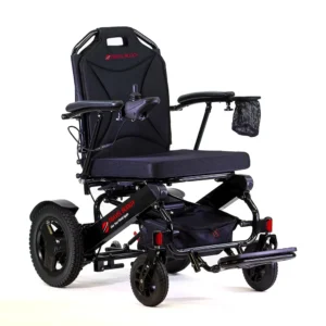 Modern black electric wheelchair with sturdy wheels and adjustable armrests.