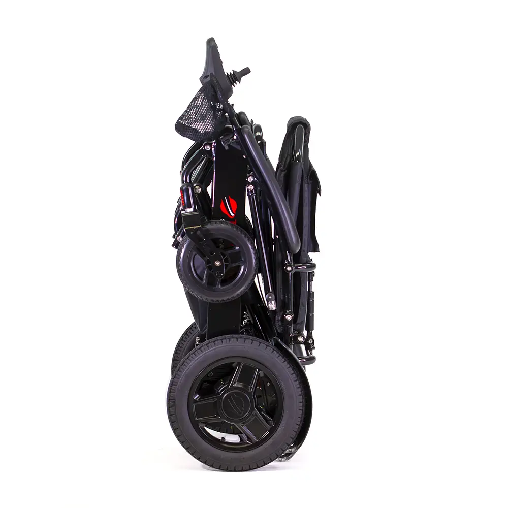 Folded electric scooter with large wheels in black.