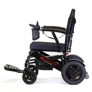 Compact black electric wheelchair with sturdy wheels and foldable design.