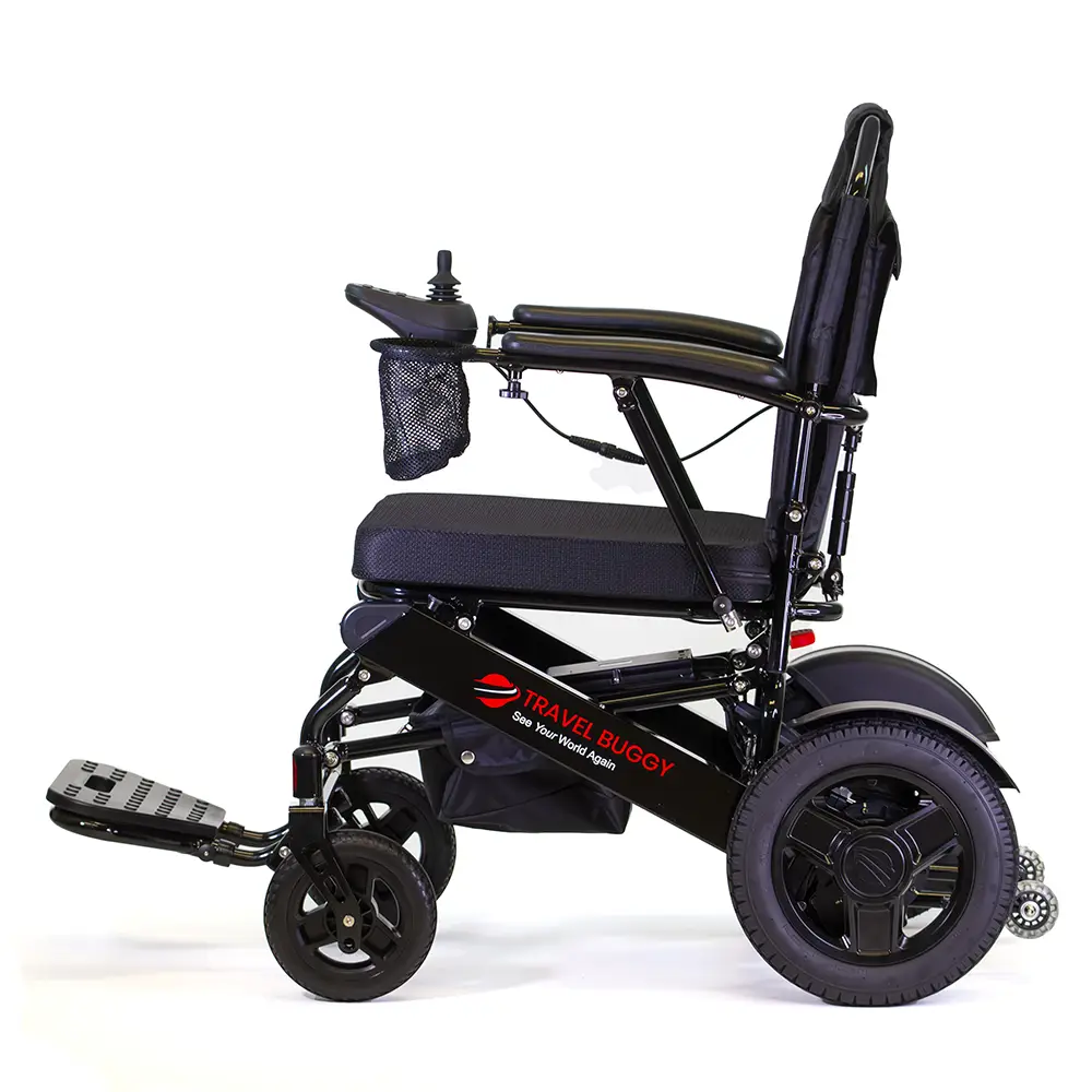 Compact black electric wheelchair with sturdy wheels and foldable design.