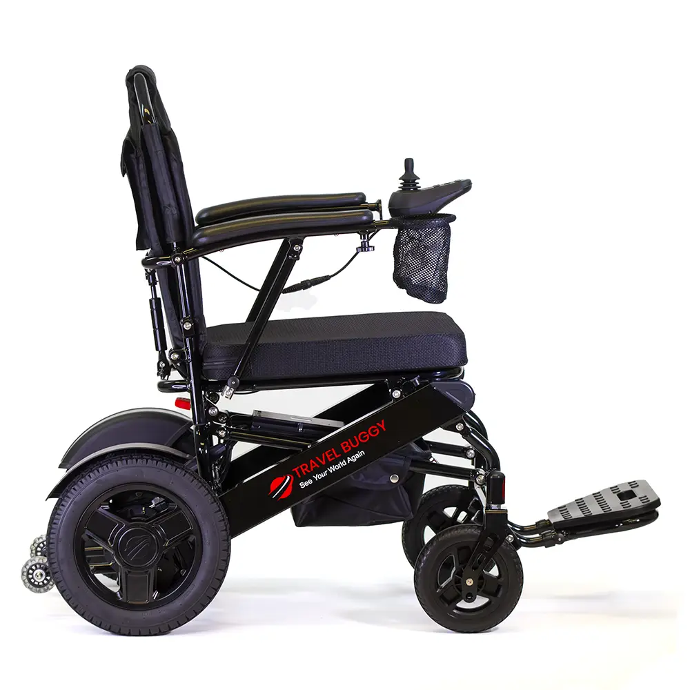 Side view of a modern electric wheelchair with joystick control.