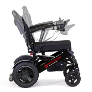Electric wheelchair with adjustable reclining backrest and sturdy wheels.