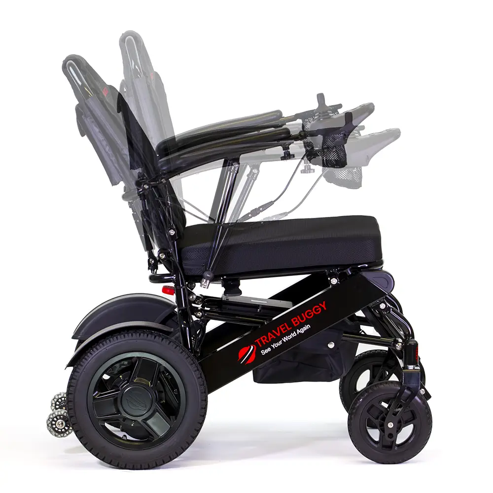 Electric wheelchair with adjustable reclining backrest and sturdy wheels.