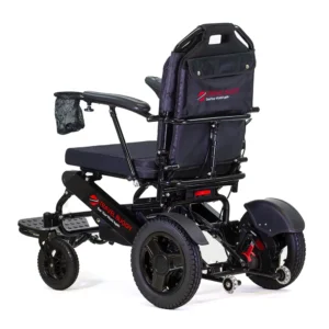 A black electric wheelchair with sturdy wheels and a comfortable seat.