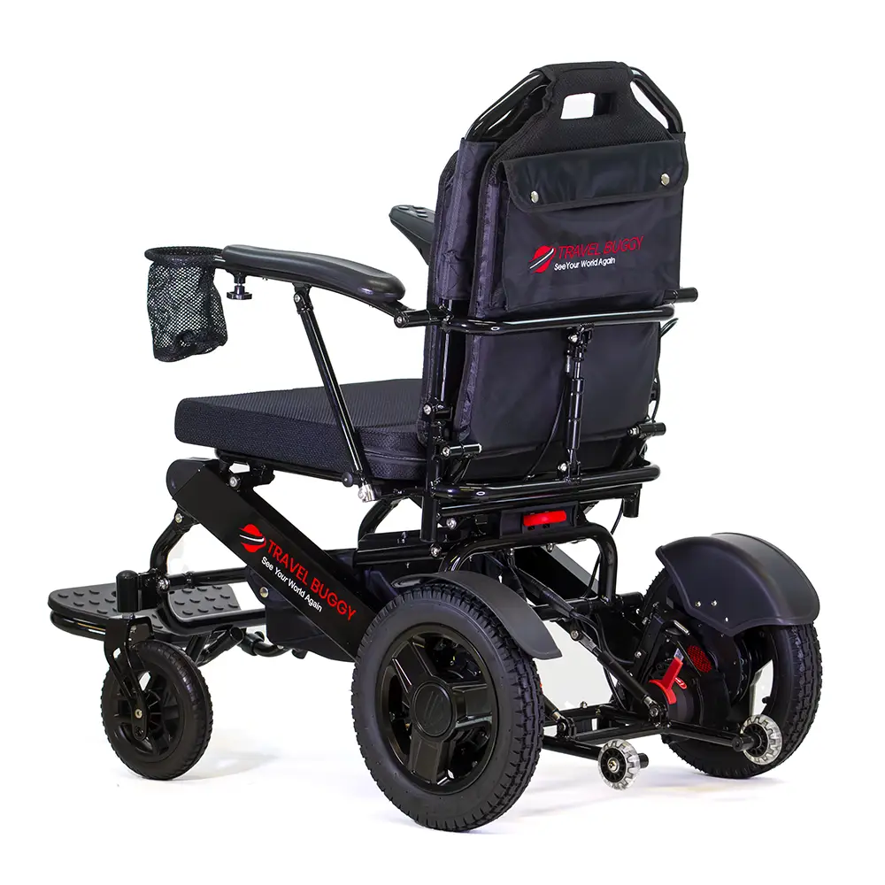 A black electric wheelchair with sturdy wheels and a comfortable seat.