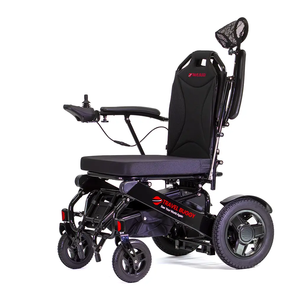 Modern electric wheelchair with joystick control and sturdy wheels.