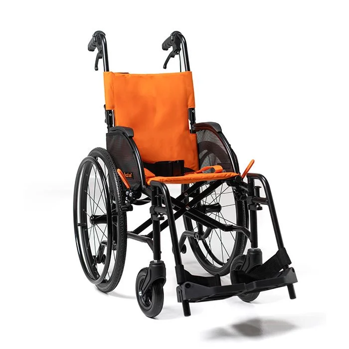 Orange and black manual wheelchair with large rear wheels and footrests.