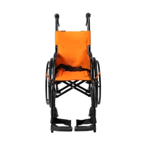 Front view of an orange wheelchair with black wheels.