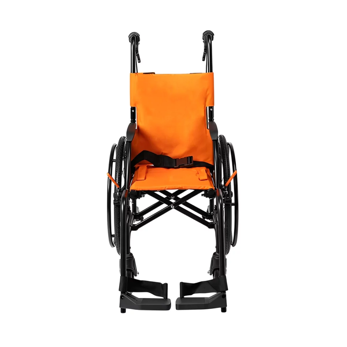 Front view of an orange wheelchair with black wheels.