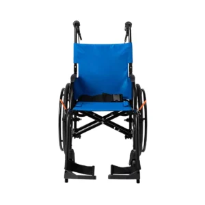 Blue manual wheelchair with black frame and footrests.