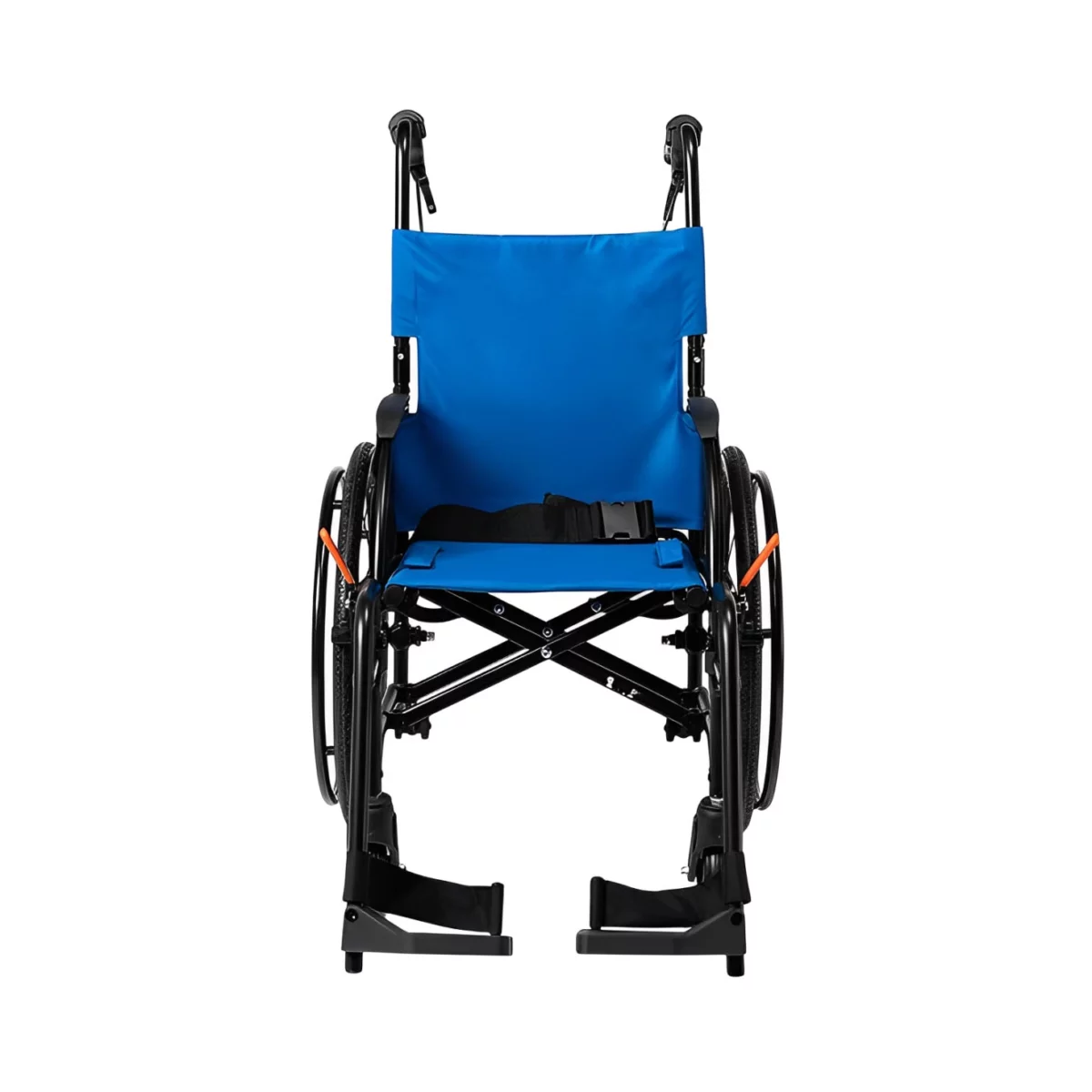 Blue manual wheelchair with black frame and footrests.