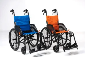 Two manual wheelchairs with blue and orange seats.