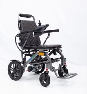 Modern electric wheelchair with joystick control and sturdy wheels.