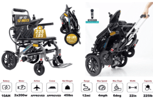 A sleek electric wheelchair with advanced features and specifications.