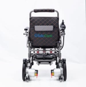 Back view of a modern electric wheelchair with joystick controls.