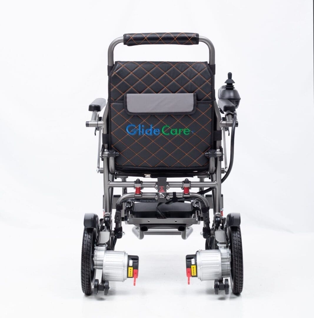 Back view of a modern electric wheelchair with joystick controls.