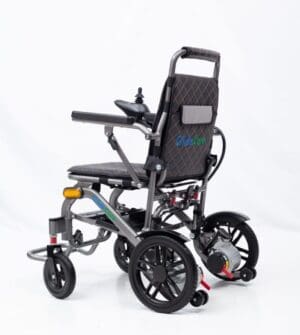 Modern electric wheelchair with black and gray design and large rear wheels.