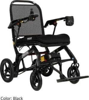 Compact black rollator walker with a mesh seat and four wheels.