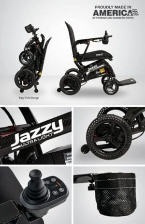 Collage showcasing a sleek Jazzy electric scooter with close-ups of its wheels and branding.