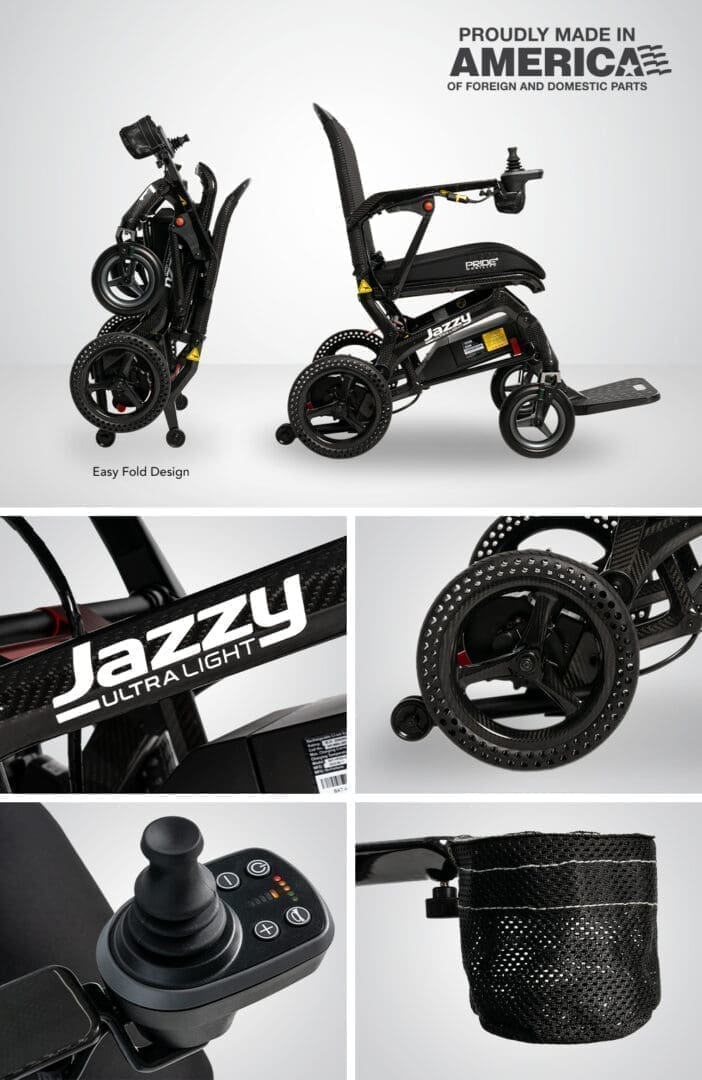 Collage showcasing a sleek Jazzy electric scooter with close-ups of its wheels and branding.