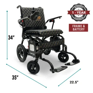 Black electric wheelchair with sturdy frame and adjustable armrests.