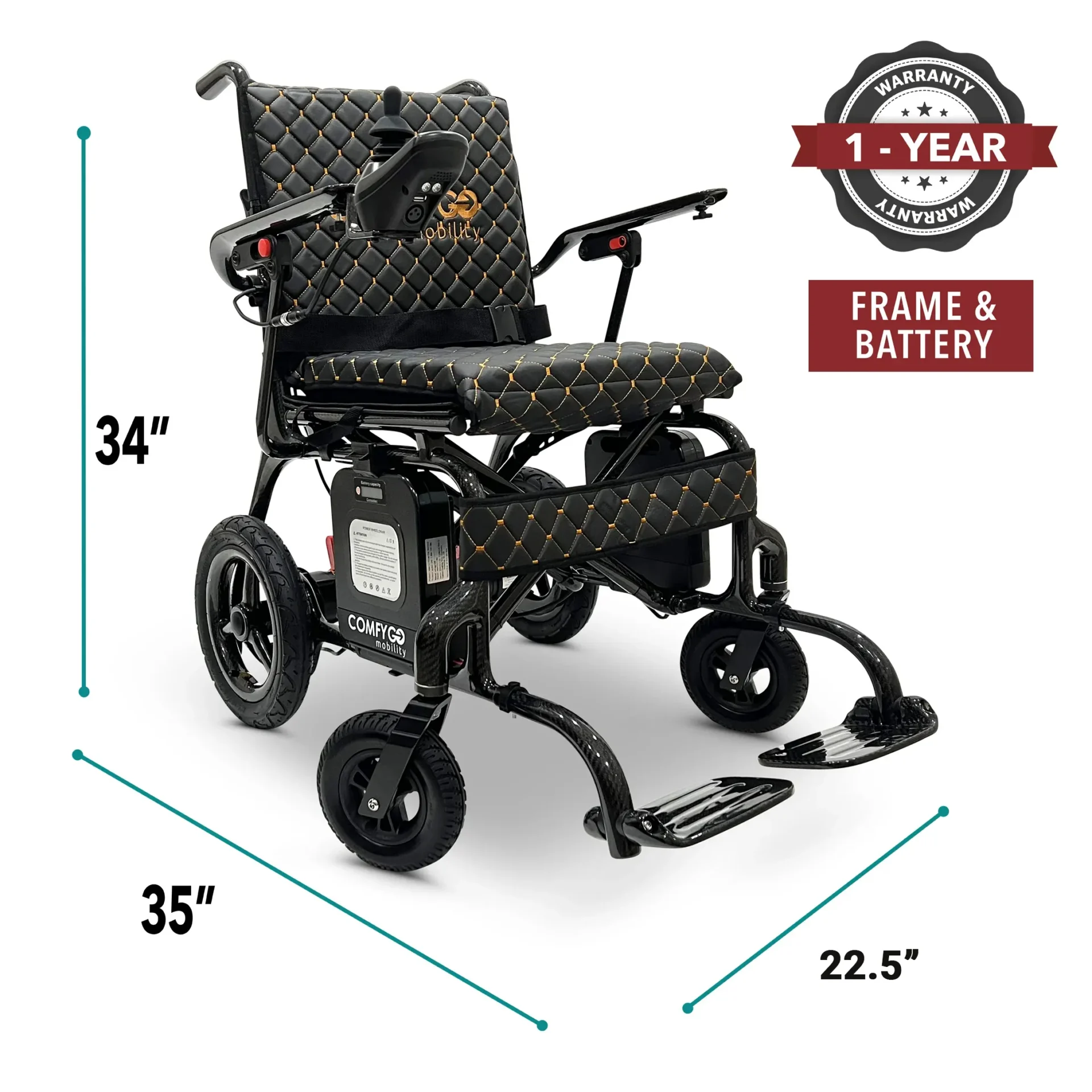 Black electric wheelchair with sturdy frame and adjustable armrests.