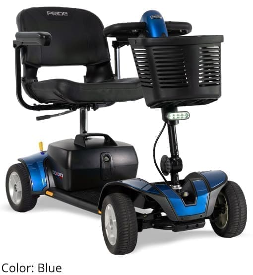 A blue mobility scooter with a black seat and front basket.