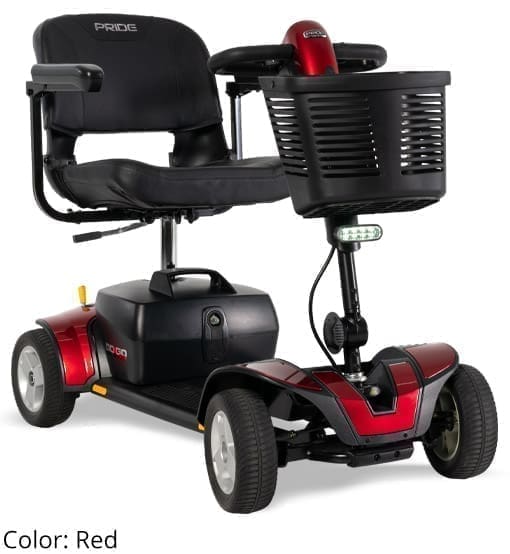 A red and black mobility scooter with a basket and comfortable seat.