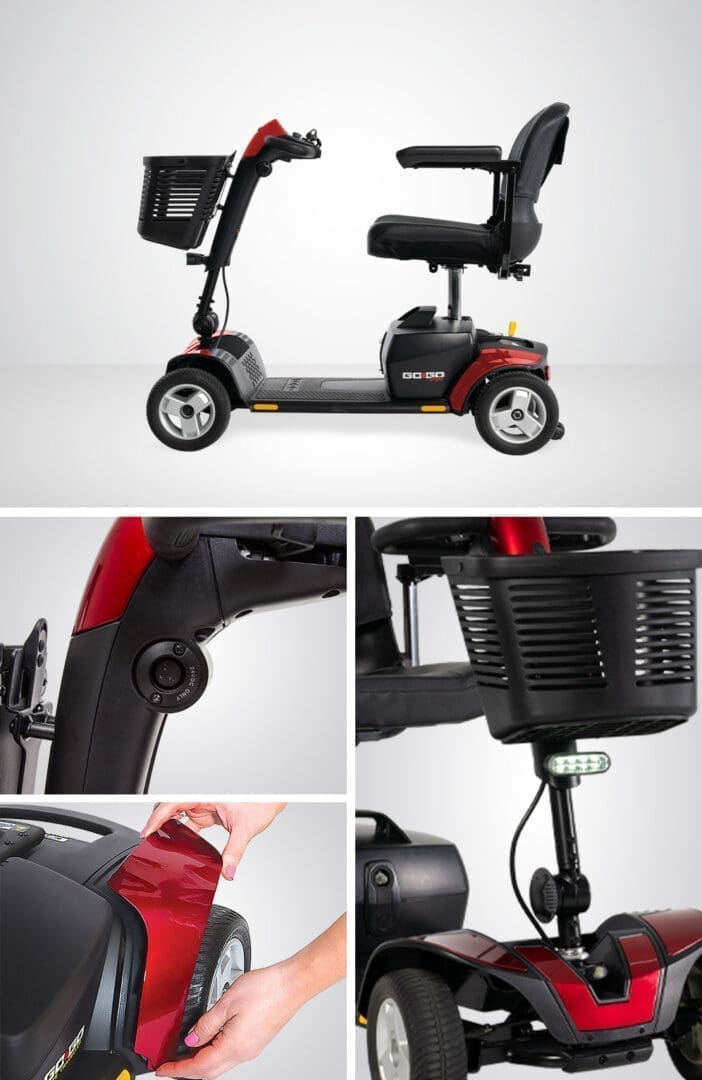 Compact electric mobility scooter with basket and foldable design.