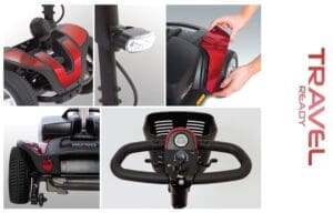Compact red and black snow blower with ergonomic handle and safety switch.