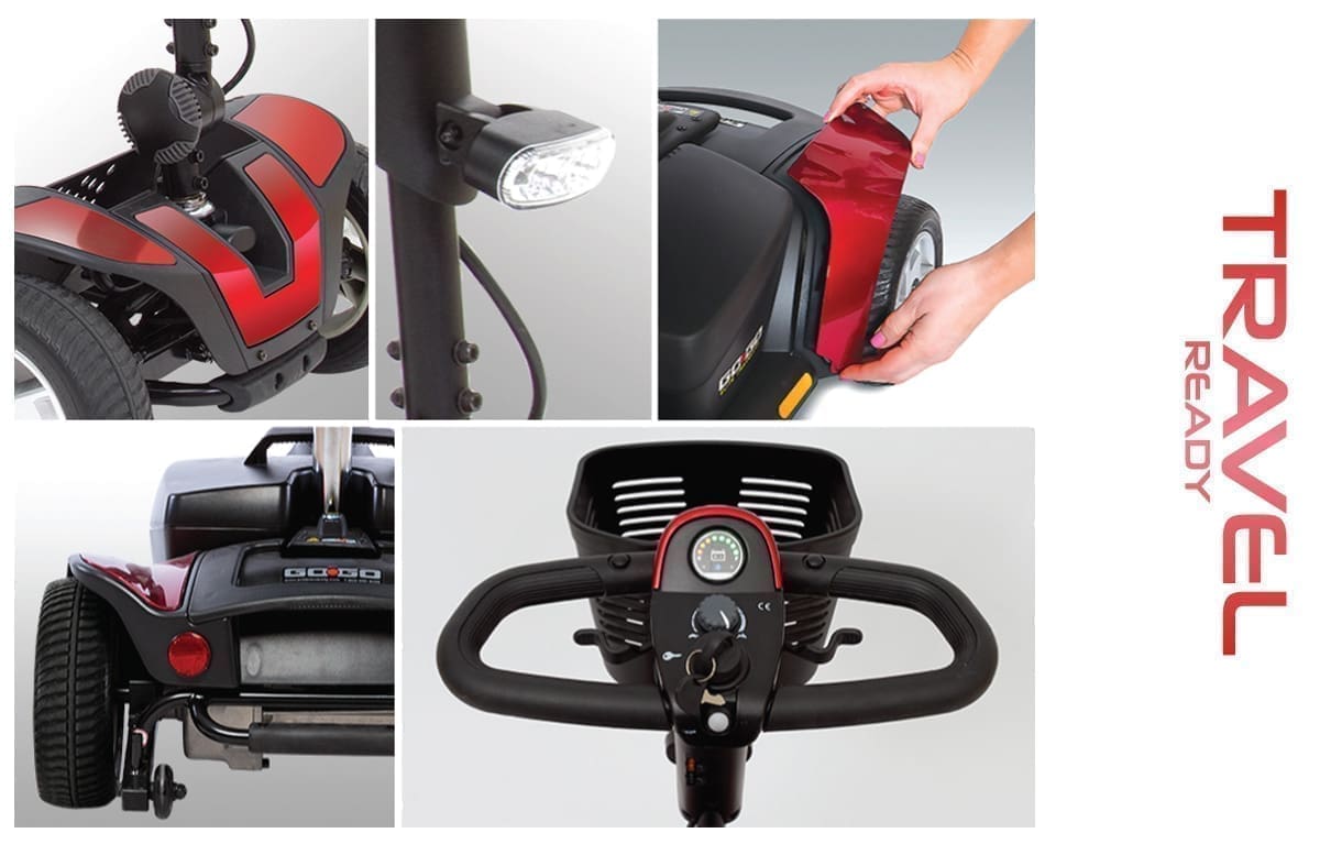 Compact red and black snow blower with ergonomic handle and safety switch.