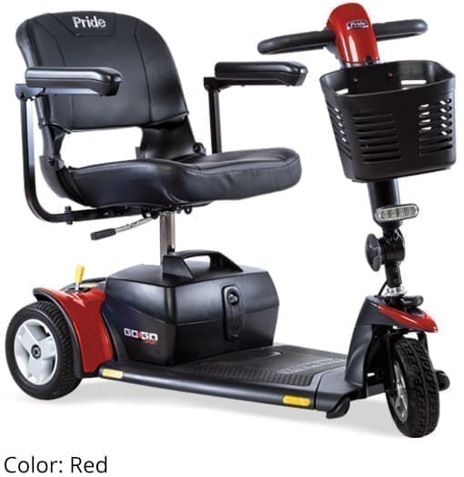 Compact red mobility scooter with black seat and basket.