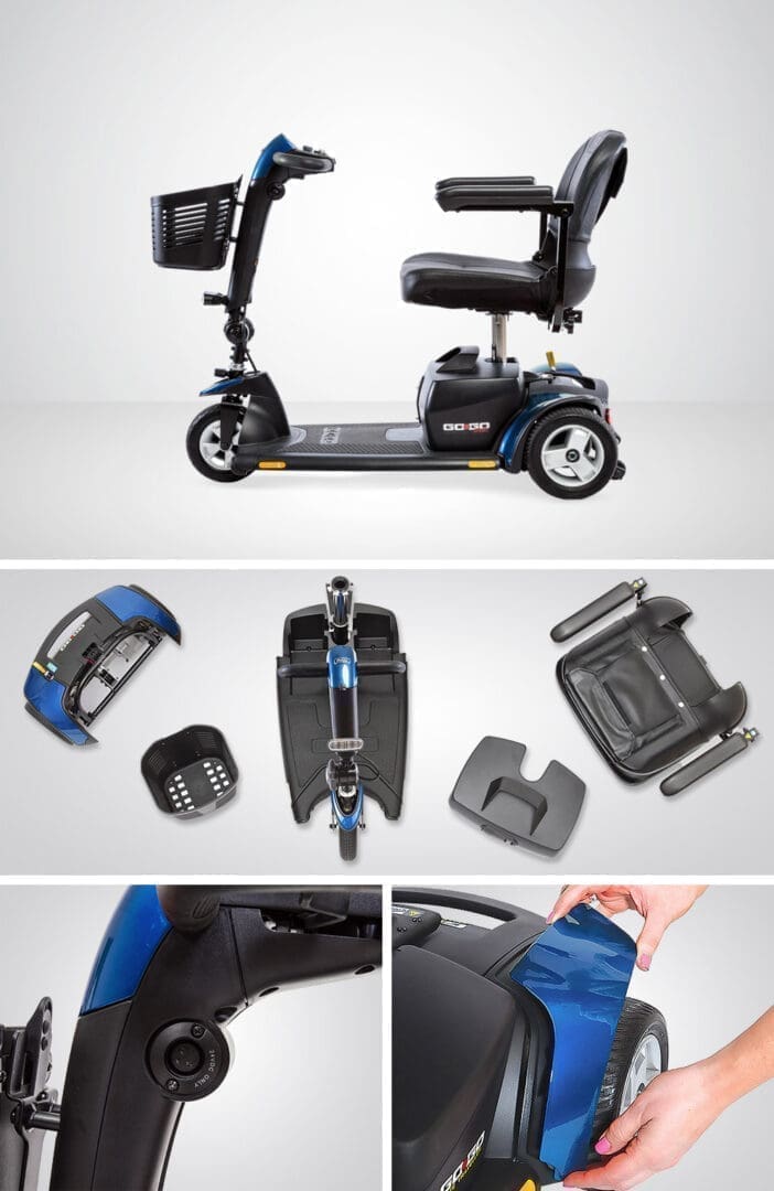 Compact and foldable electric scooter with attached seat and adjustable components.