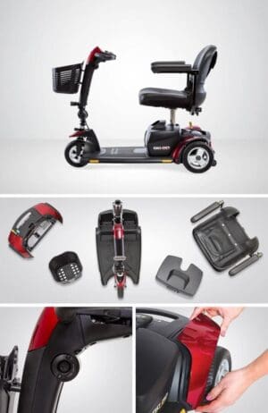 Compact foldable electric mobility scooter with detachable battery and seat.