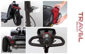 Detailed views of an electric bike's components and features.
