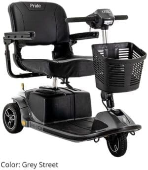 Black mobility scooter with basket and comfortable seat.