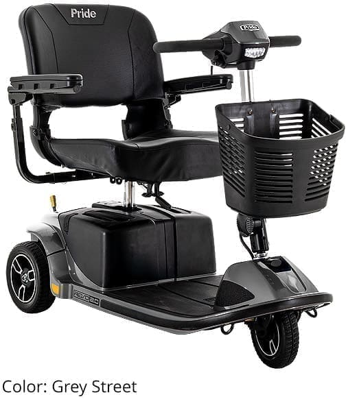 Black mobility scooter with basket and comfortable seat.
