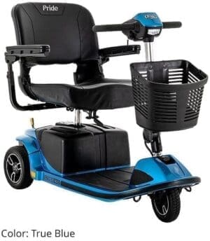 Blue mobility scooter with black seat and front basket.